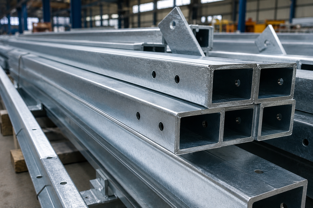 Perfis de aço galvanizado empilhados em galpão industrial, destacando superfícies metálicas que recebem fundo para galvanizado e soluções de pintura Vinilak.
