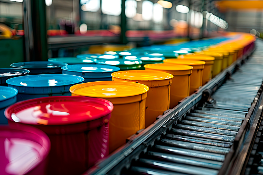 Imagem de processo de metalgrafia com latas metálicas decoradas e impressão industrial detalhada, destacando acabamento preciso e qualidade das tintas industriais da Vinilak.