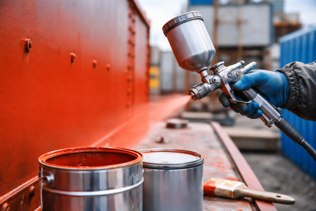 Aplicação de primer anticorrosivo em estrutura metálica com pistola industrial, mostrando proteção uniforme. Solução de alta performance com qualidade Vinilak.