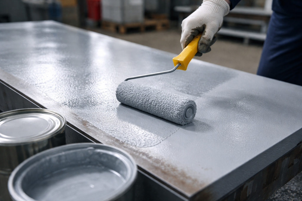 Aplicação de primer epoxi com rolo sobre superfície metálica em ambiente industrial, garantindo aderência e acabamento uniforme com a qualidade das soluções Vinilak.
