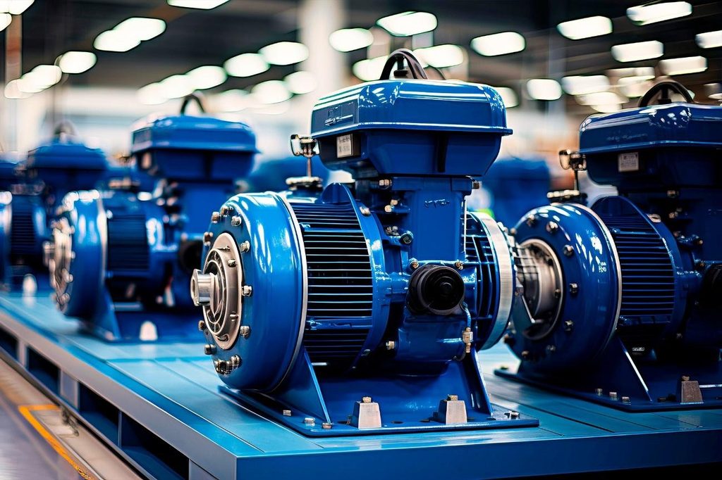 Motores elétricos industriais azuis alinhados, protegidos pela qualidade superior do primer da Vinilak em sua estrutura.