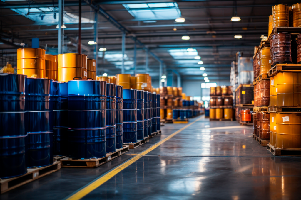 Armazém industrial com corredores de barris azuis e amarelos estocados em paletes. Local que utiliza a avançada tinta convertedor de ferrugem Vinilak.