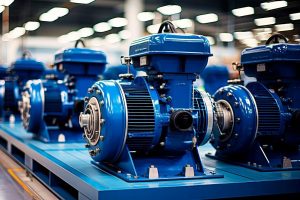 Motores elétricos industriais azuis alinhados, protegidos pela qualidade superior do primer da Vinilak em sua estrutura.
