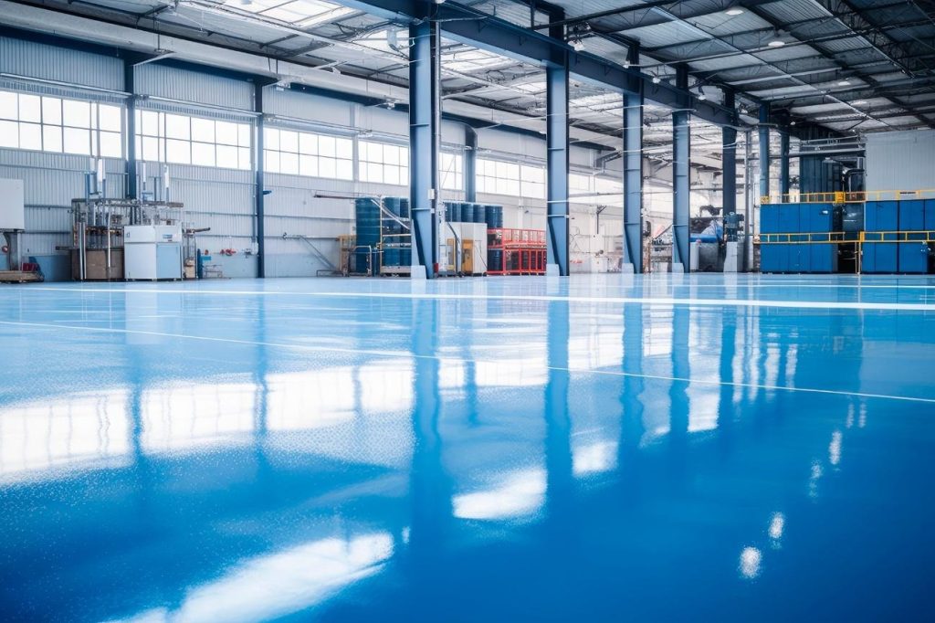 Galpão industrial espaçoso com piso azul brilhante e resinado, protegido por tintas para piso da Vinilak, refletindo a estrutura metálica.