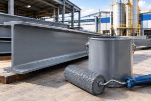 Fundo cinza anticorrosivo Vinilak aplicado em estrutura de aço, com lata de tinta e rolo em primeiro plano e fábrica industrial ao fundo.